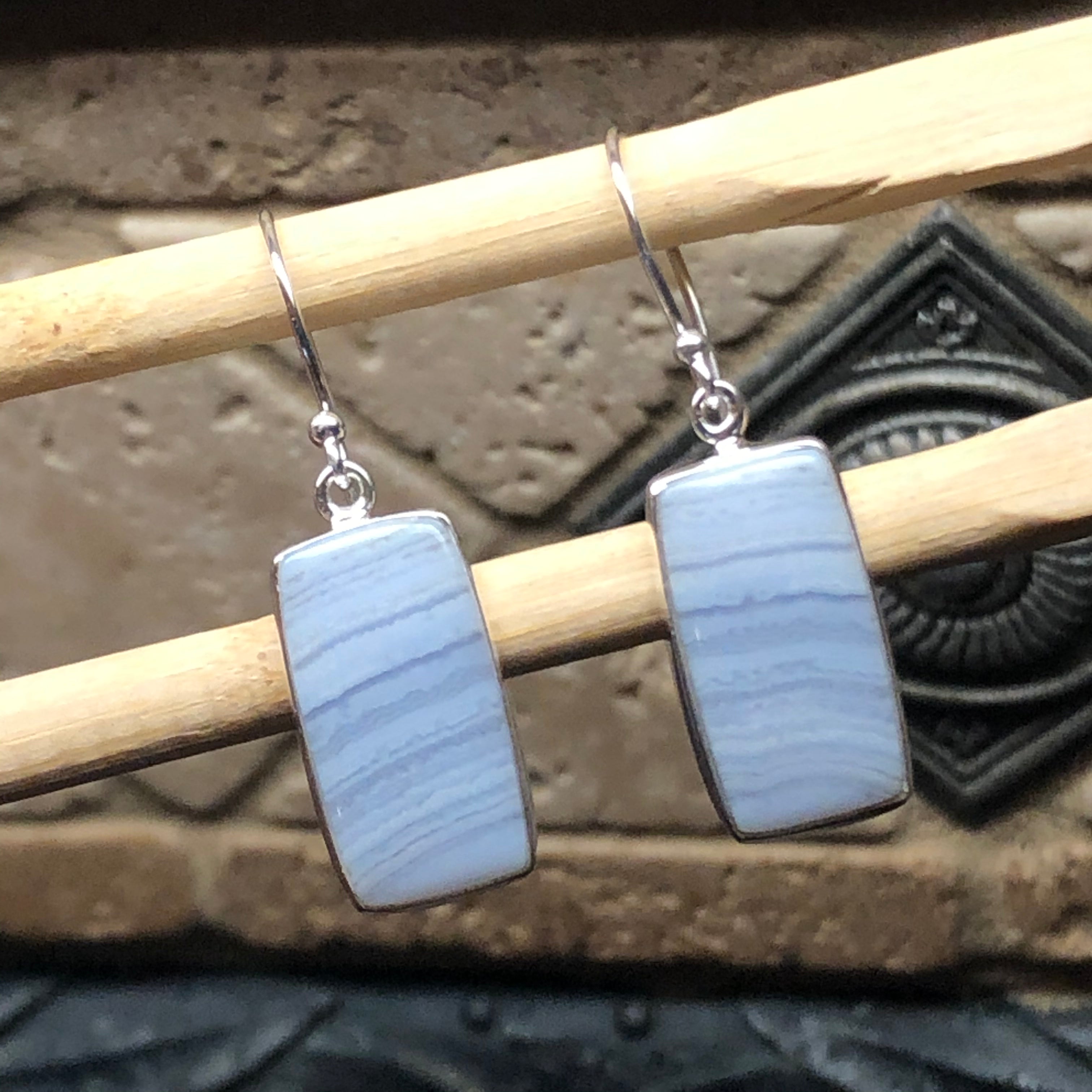 Natural Blue Lace Agate 925 Sterling Silver Earrings 35mm - Natural Rocks by Kala