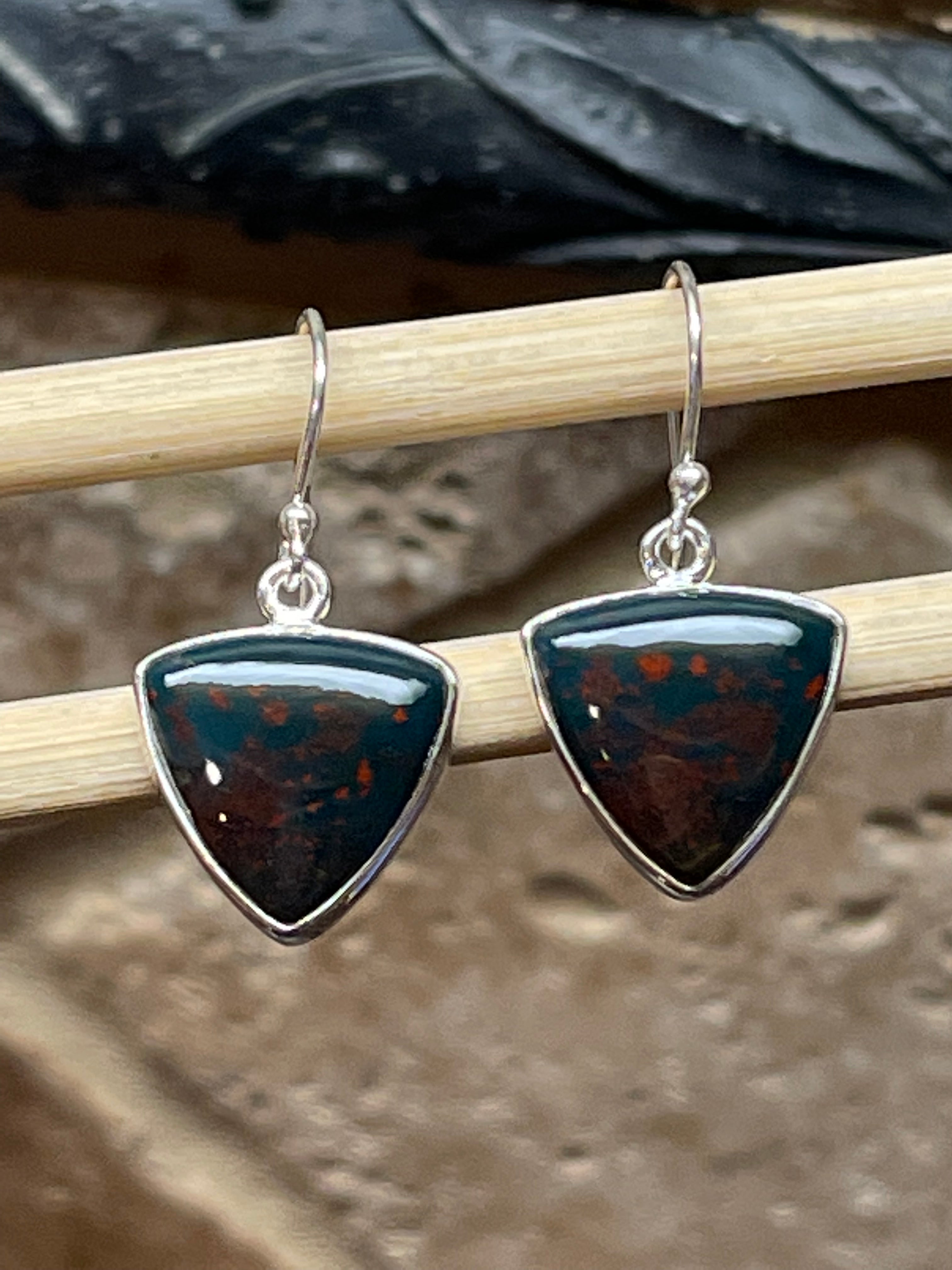 Natural Bloodstone, Heliotrope 925 Solid Sterling Silver Earrings 25mm - Natural Rocks by Kala