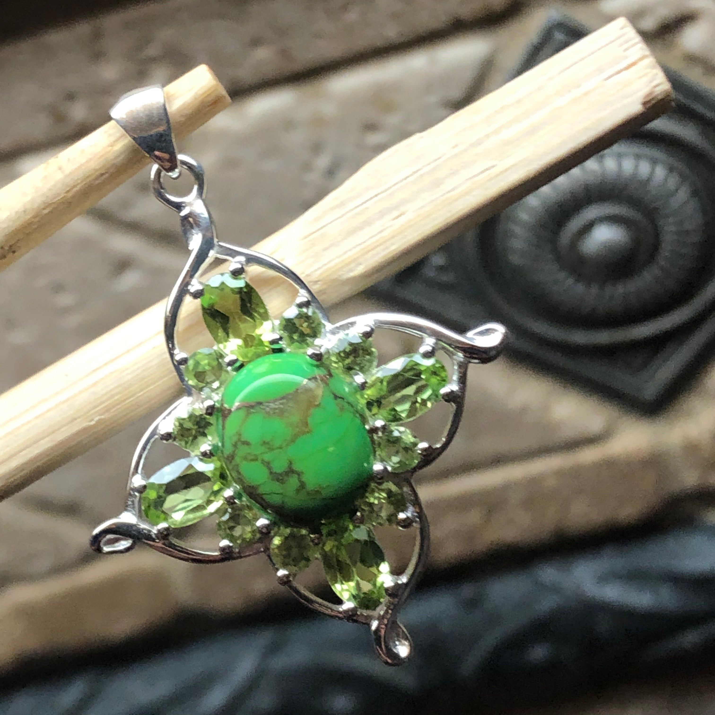 Natural Green Copper Turquoise, Green Peridot 925 Solid Sterling Silver Pendant 35mm - Natural Rocks by Kala