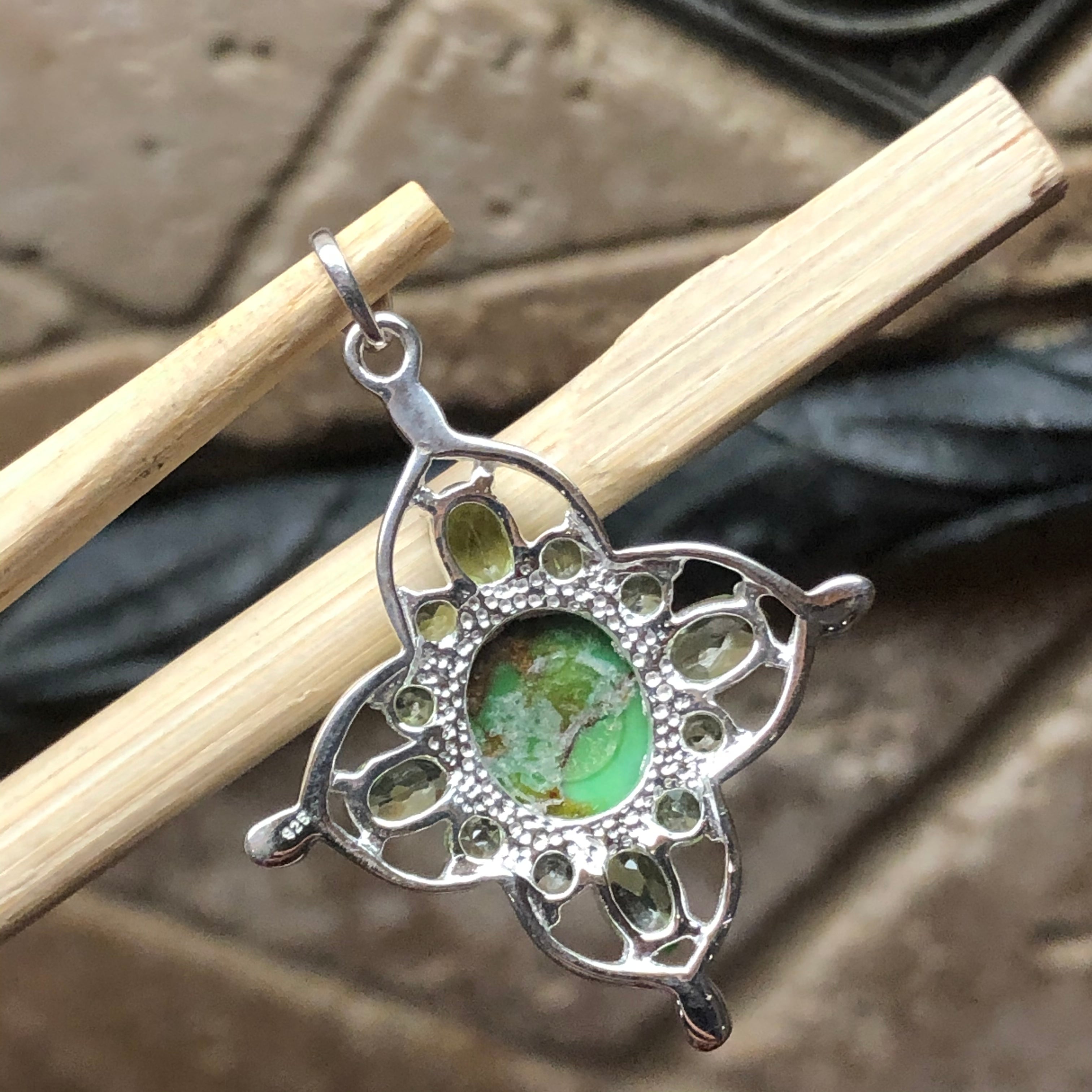 Natural Green Copper Turquoise, Green Peridot 925 Solid Sterling Silver Pendant 35mm - Natural Rocks by Kala