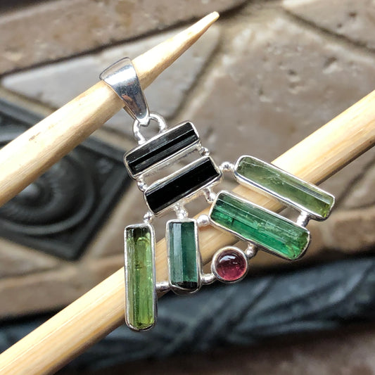 Natural Green Tourmaline, Rubellite Tourmaline 925 Solid Sterling Silver Pendant 40mm - Natural Rocks by Kala
