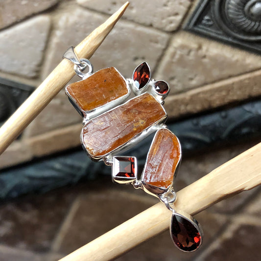Natural Orange Kyanite, Pyrope Garnet 925 Solid Sterling Silver Pendant 55mm - Natural Rocks by Kala