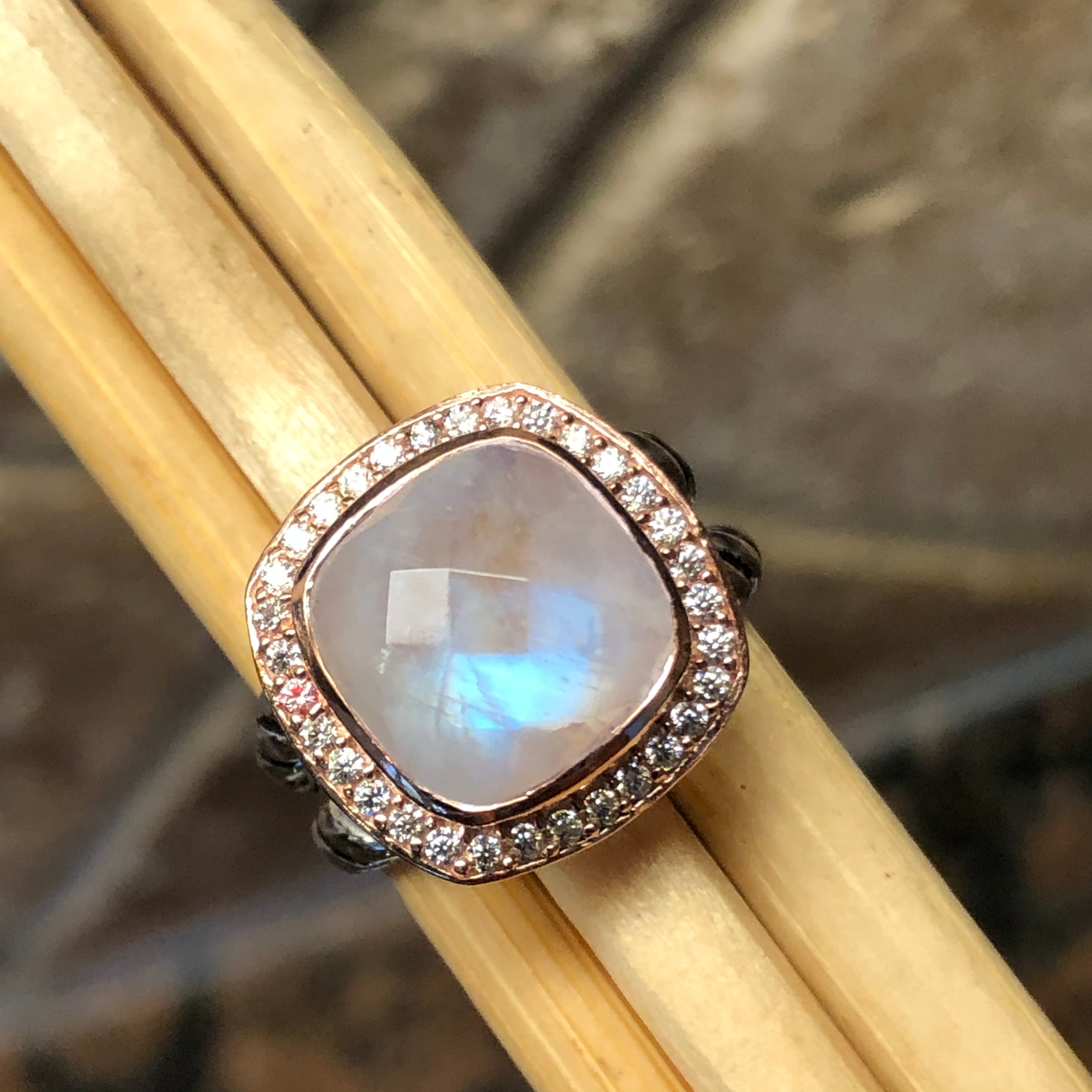 Genuine Rainbow Moonstone 14k Rose Gold, 925 Sterling Silver Wedding Ring Size 5, 6, 7, 8, 9 - Natural Rocks by Kala