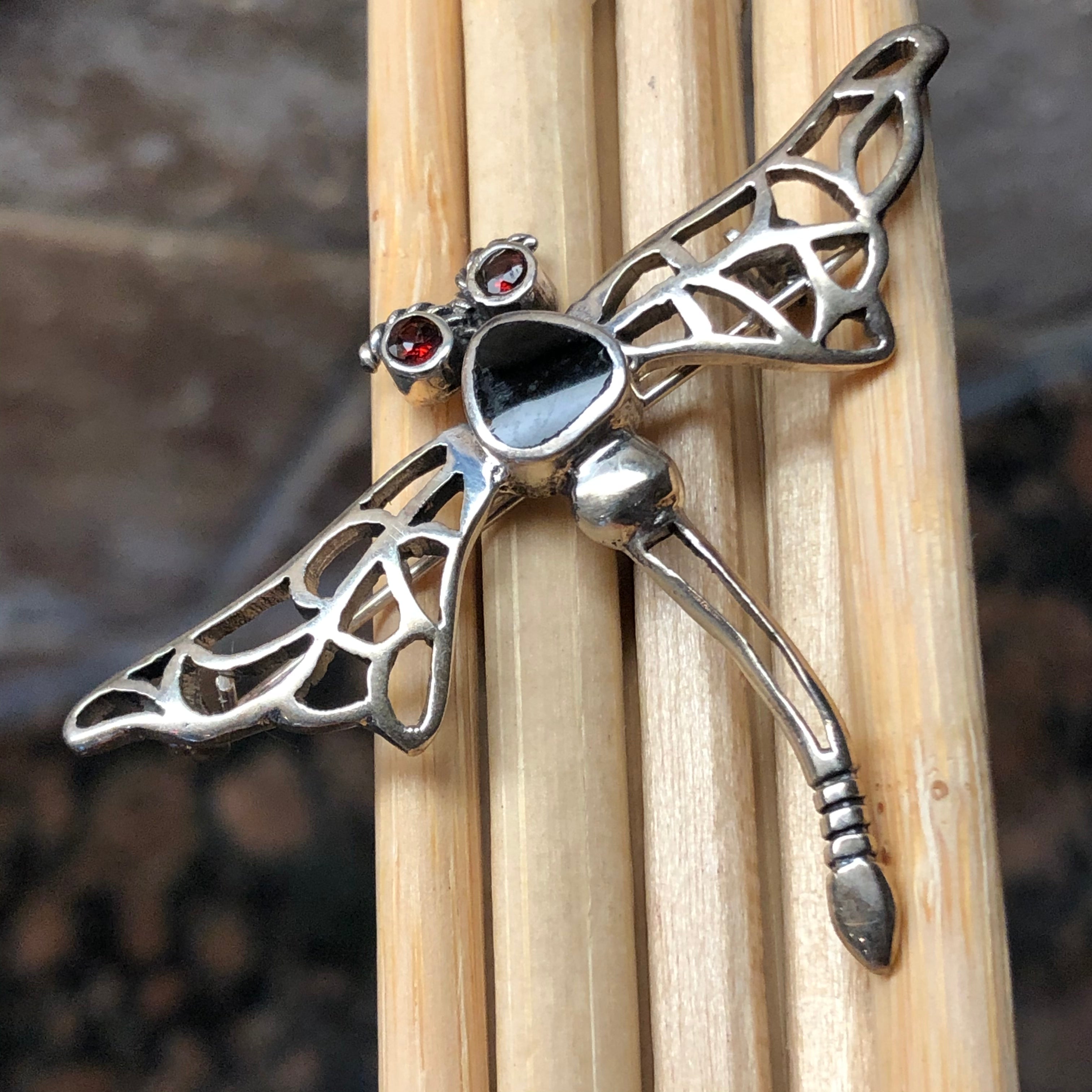 Natural Garnet, Black Onyx 925 Solid Sterling Silver Butterfly Brooch - Natural Rocks by Kala