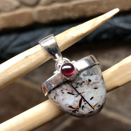 Genuine Astrophyllite, Garnet 925 Solid Sterling Silver Pendant 20mm - Natural Rocks by Kala