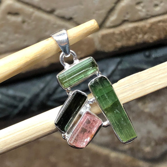 Natural Green Tourmaline, Rubellite Tourmaline 925 Sterling Silver Pendant 35mm - Natural Rocks by Kala
