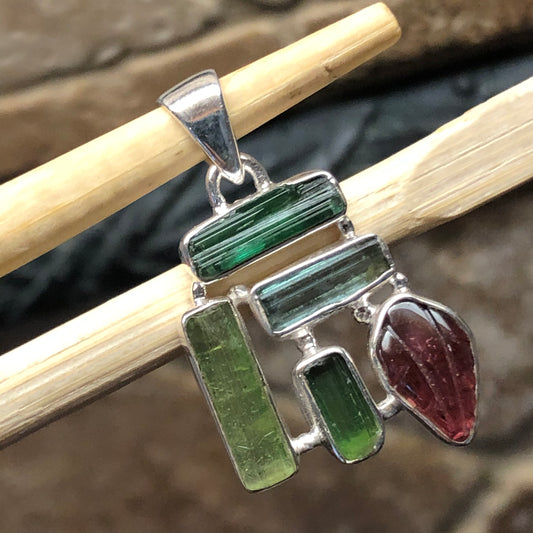 Natural Green Tourmaline, Rubellite Tourmaline 925 Solid Sterling Silver Pendant 30mm - Natural Rocks by Kala