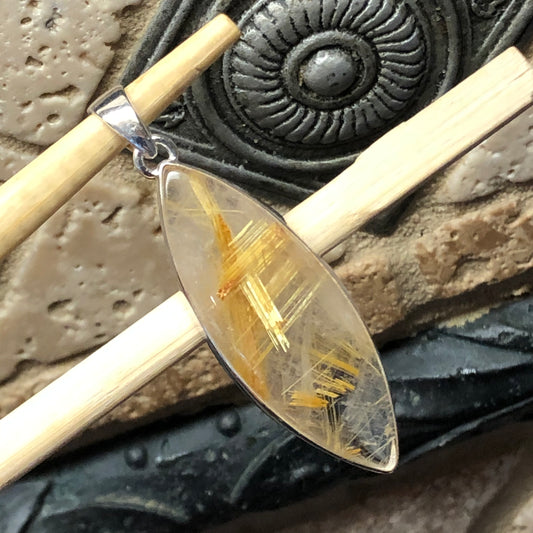 Genuine Golden Rutilated Quartz 925 Solid Sterling Silver Pendant 50mm - Natural Rocks by Kala