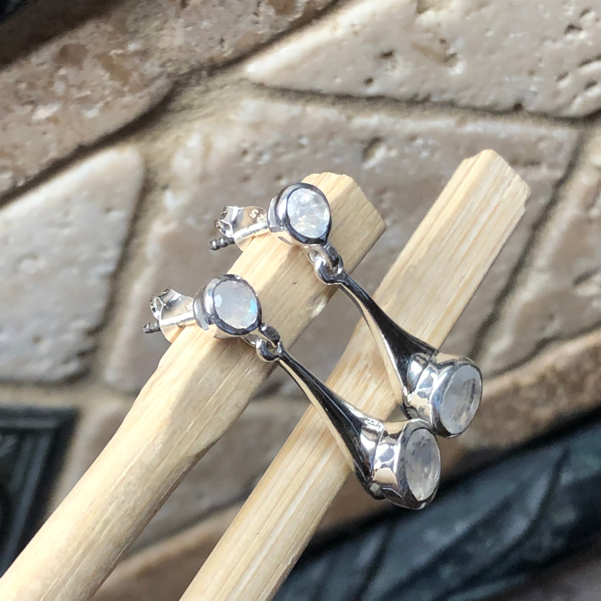 Natural Rainbow Moonstone 925 Solid Sterling Silver Earrings 30mm - Natural Rocks by Kala
