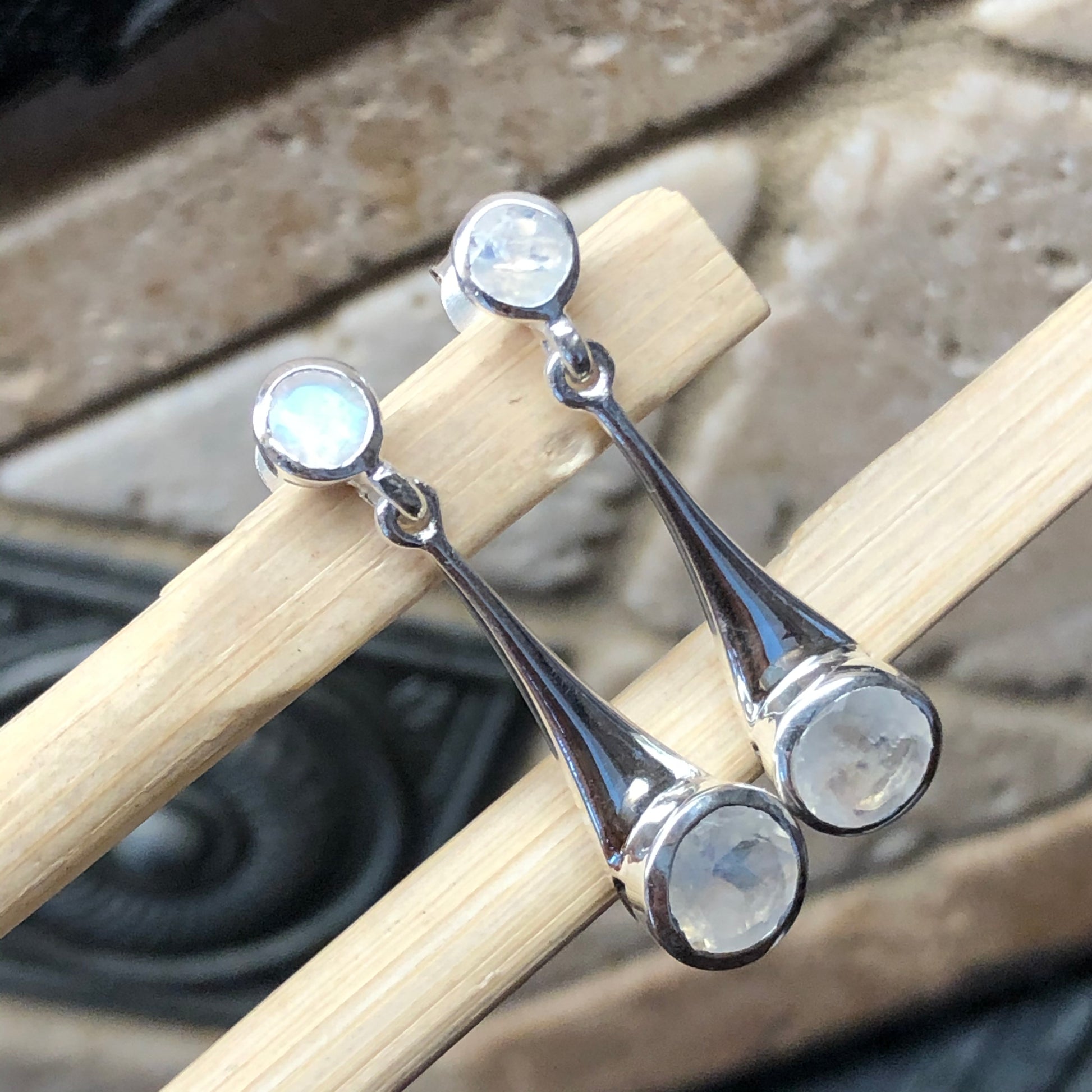 Natural Rainbow Moonstone 925 Solid Sterling Silver Earrings 30mm - Natural Rocks by Kala