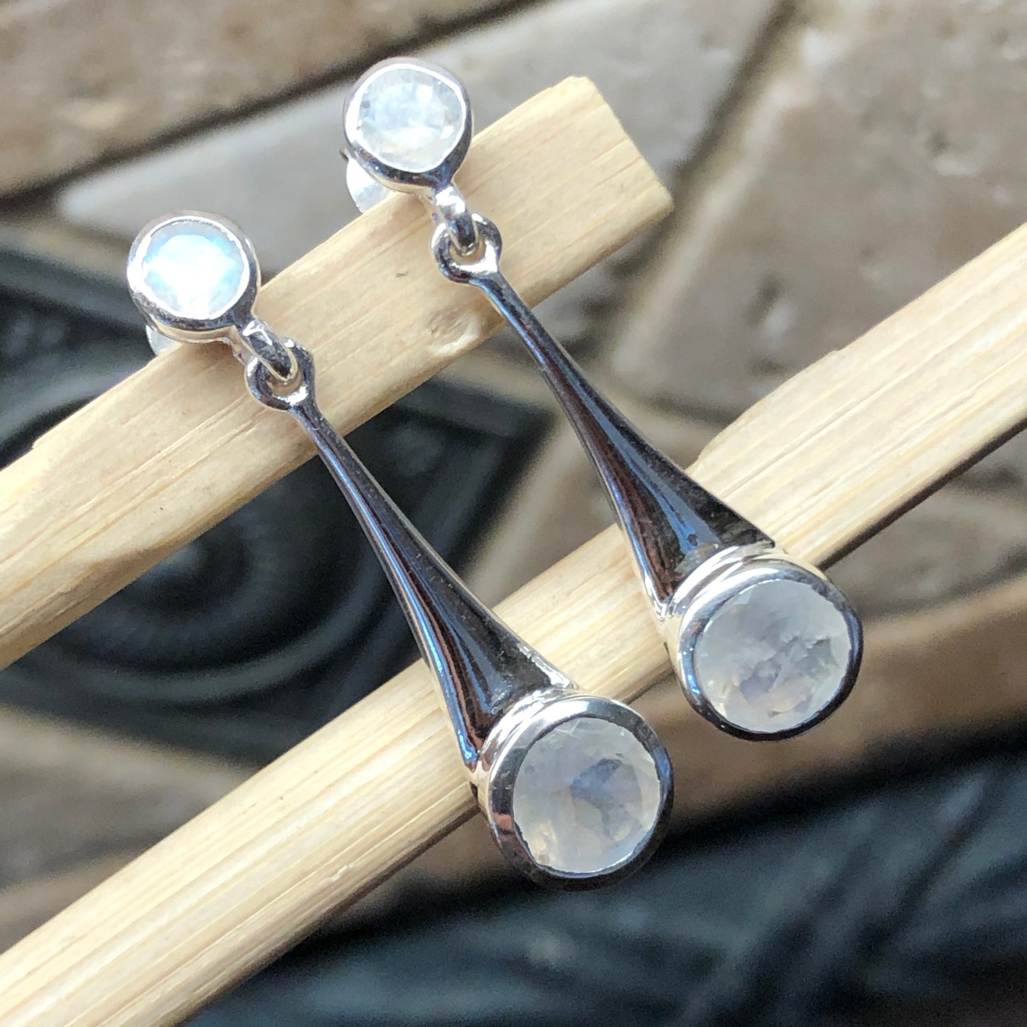 Natural Rainbow Moonstone 925 Solid Sterling Silver Earrings 30mm - Natural Rocks by Kala