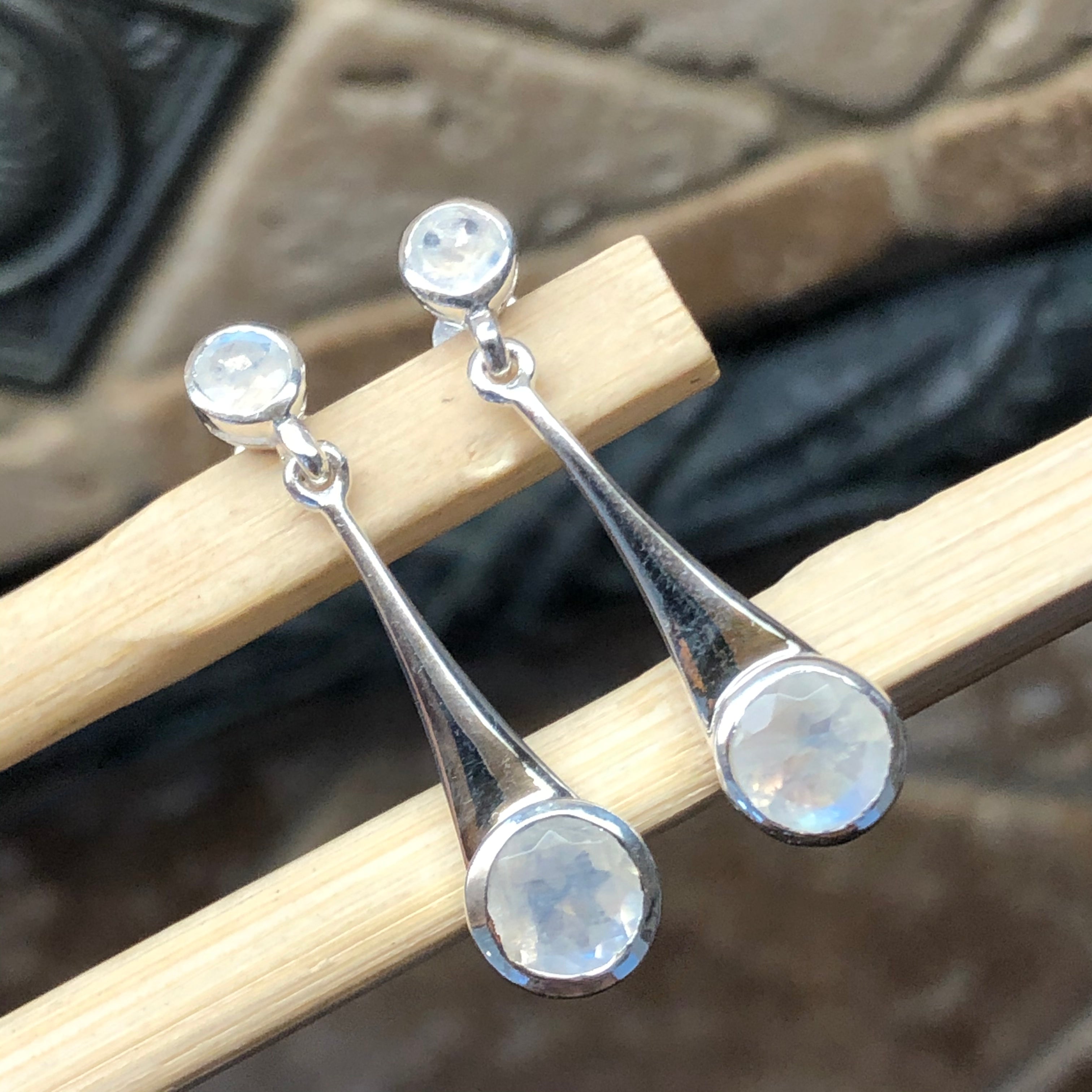 Natural Rainbow Moonstone 925 Solid Sterling Silver Earrings 30mm - Natural Rocks by Kala