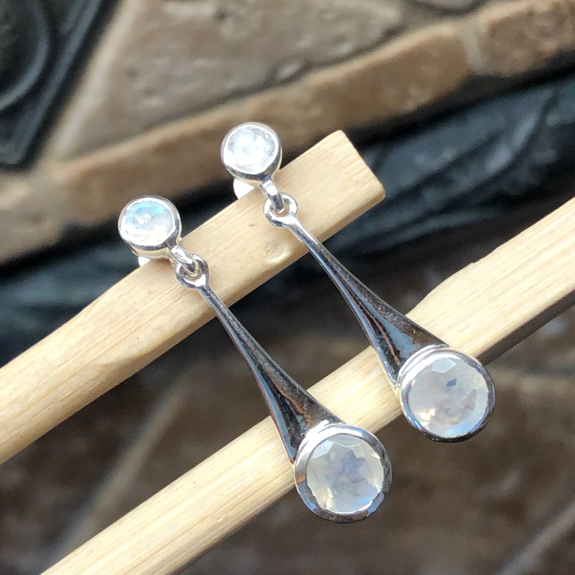 Natural Rainbow Moonstone 925 Solid Sterling Silver Earrings 30mm - Natural Rocks by Kala