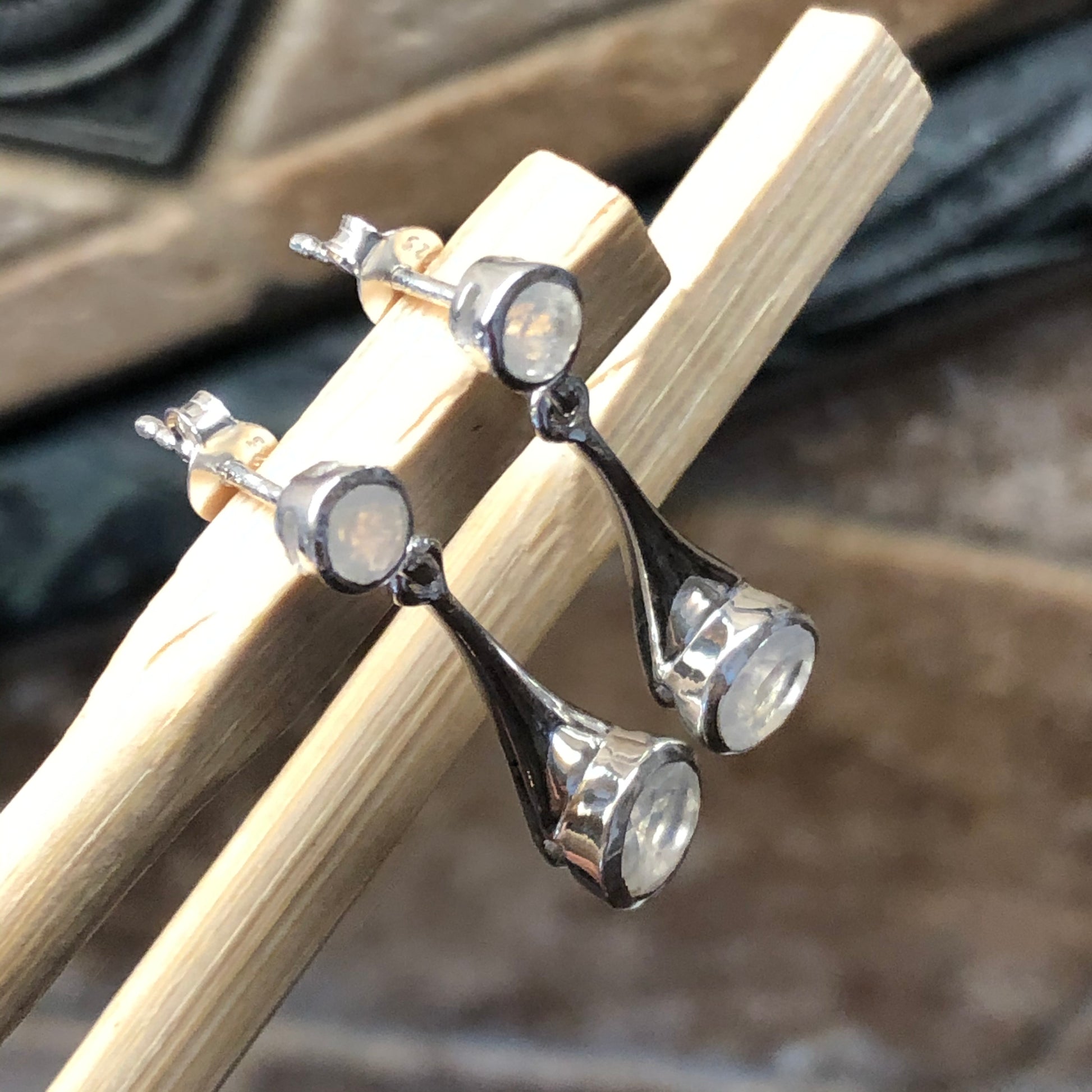 Natural Rainbow Moonstone 925 Solid Sterling Silver Earrings 30mm - Natural Rocks by Kala