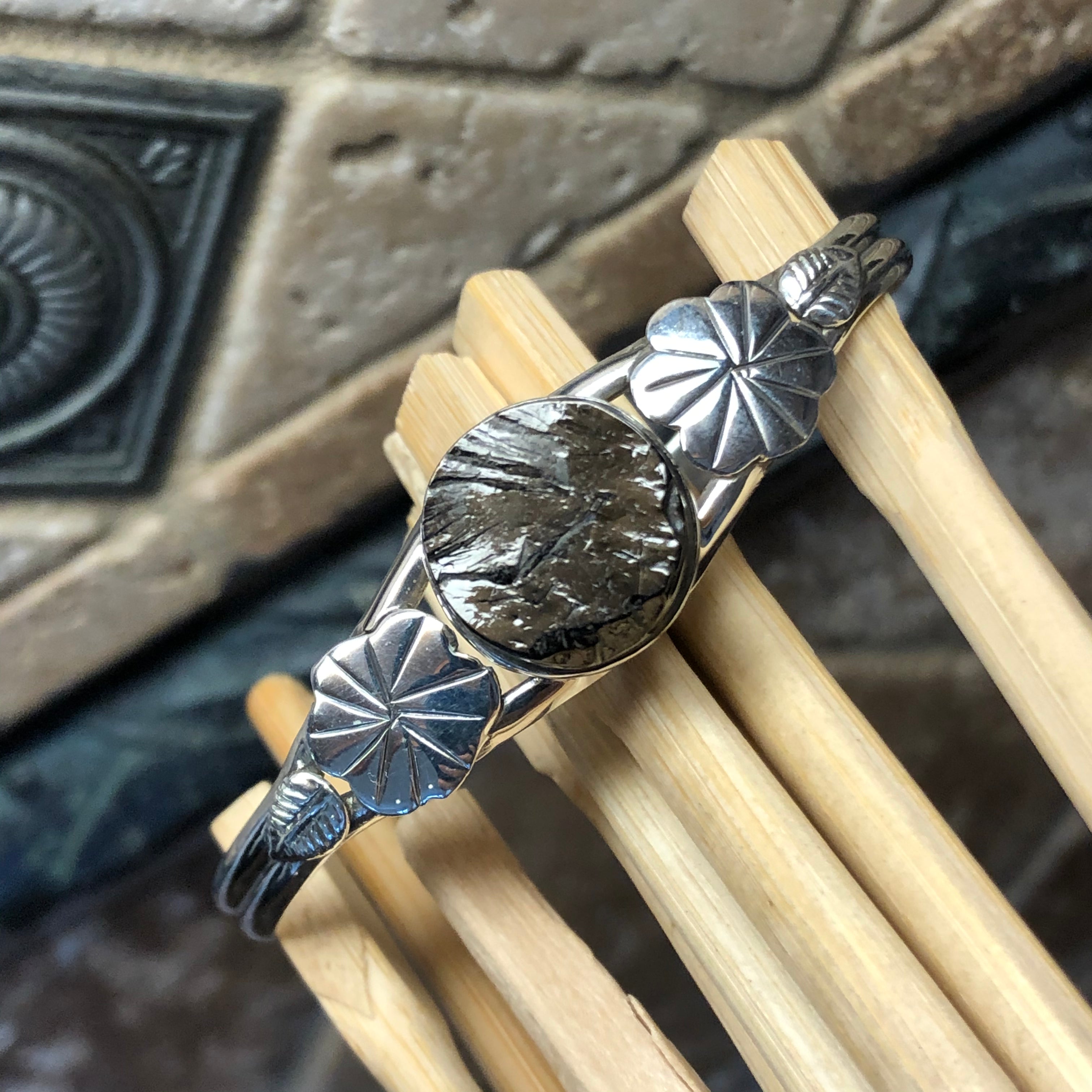 Natural Shungite 925 Solid Sterling Silver Cuff Bracelets - Natural Rocks by Kala