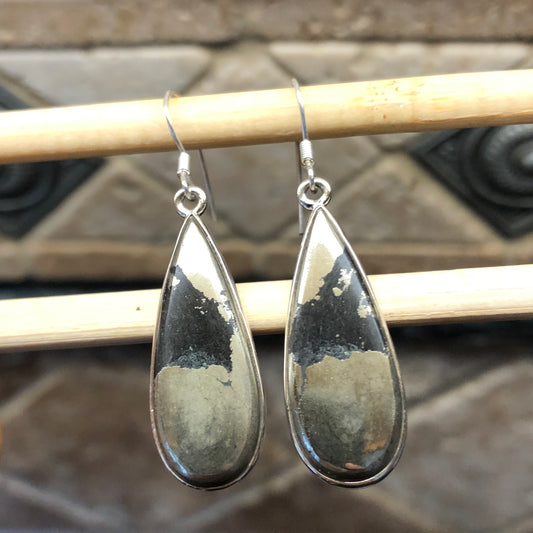 Natural Pyrite in Magnetite 925 Solid Sterling Silver Earrings 30mm - Natural Rocks by Kala