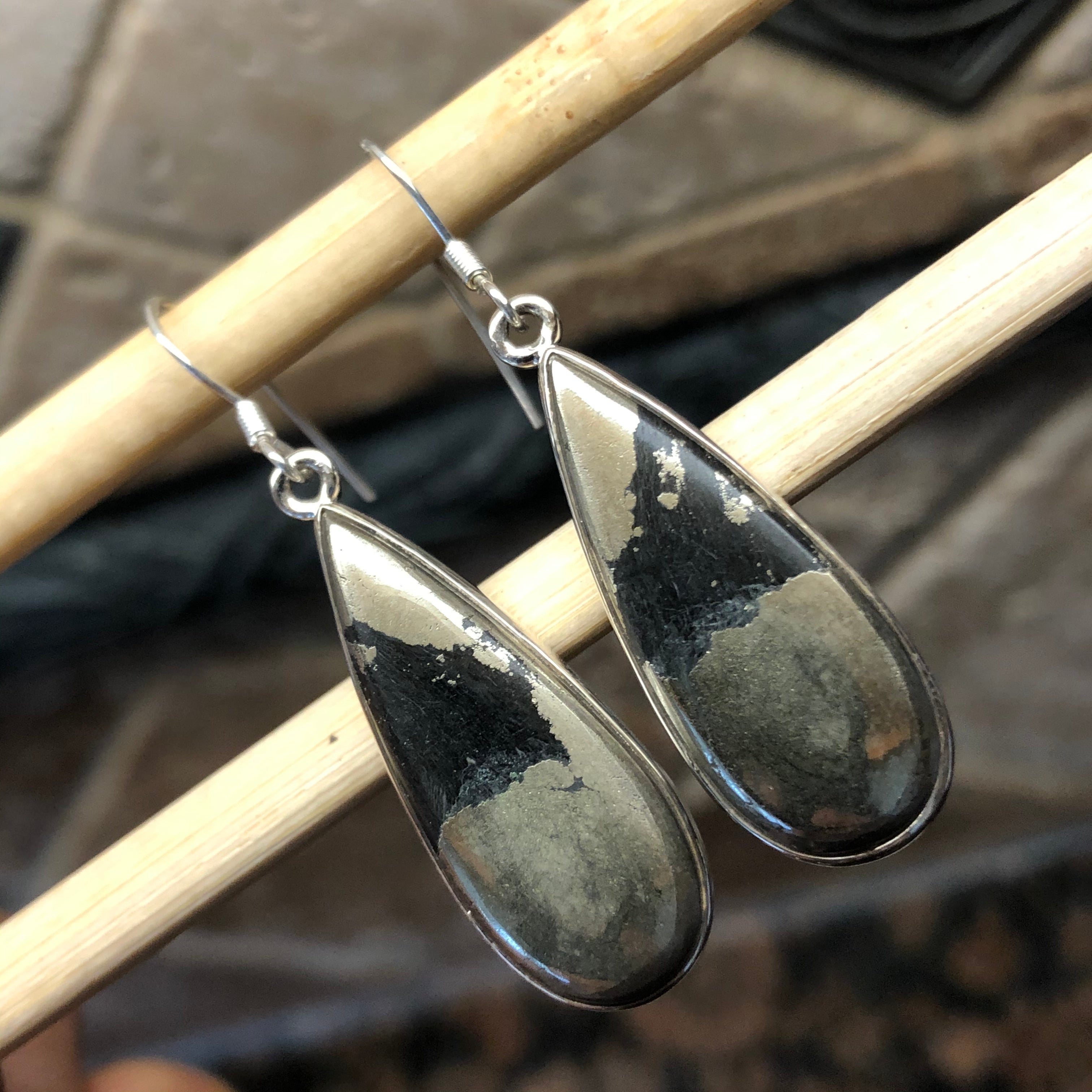 Natural Pyrite in Magnetite 925 Solid Sterling Silver Earrings 30mm - Natural Rocks by Kala