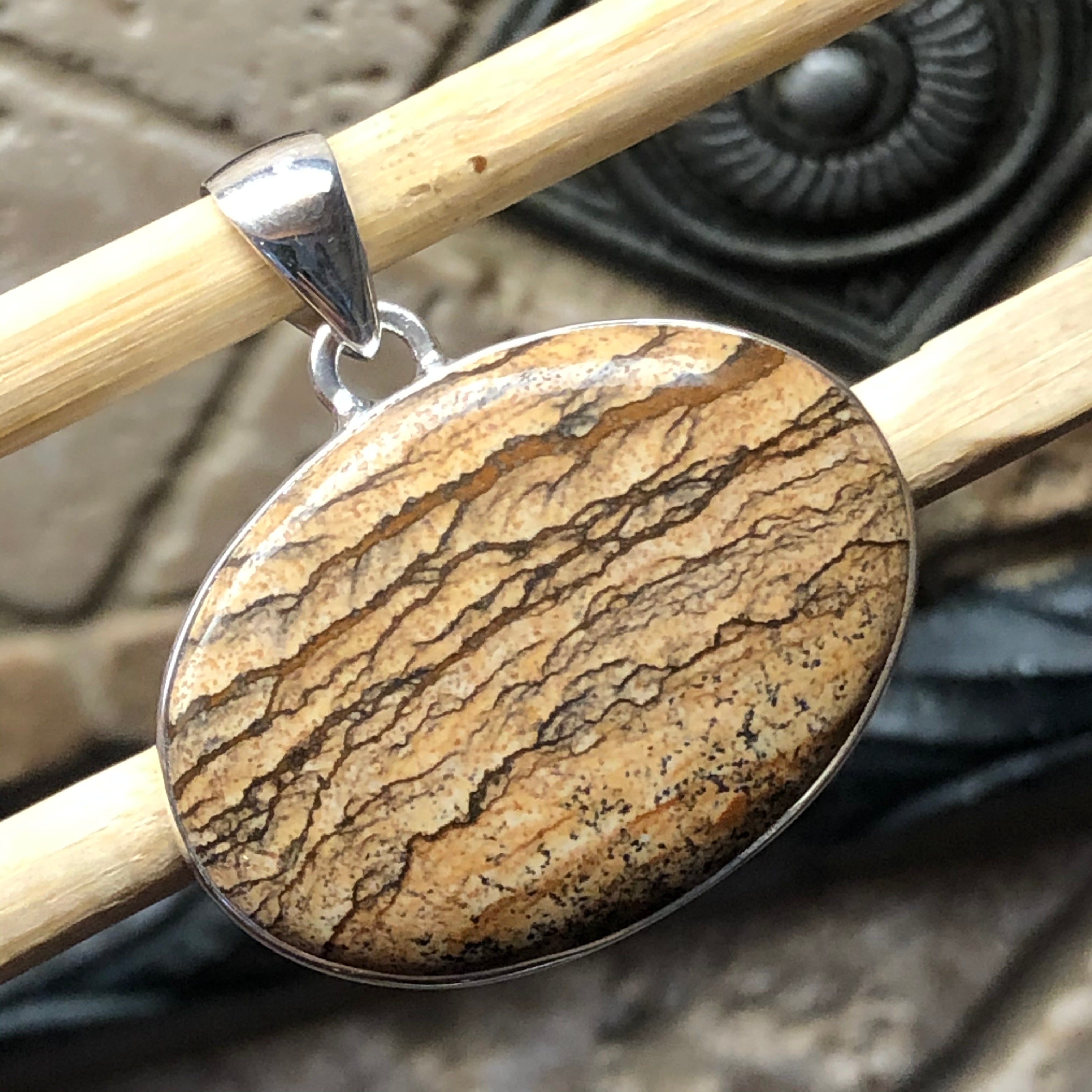 Natural  Picture Jasper 925 Solid Sterling Silver Pendant 35mm - Natural Rocks by Kala