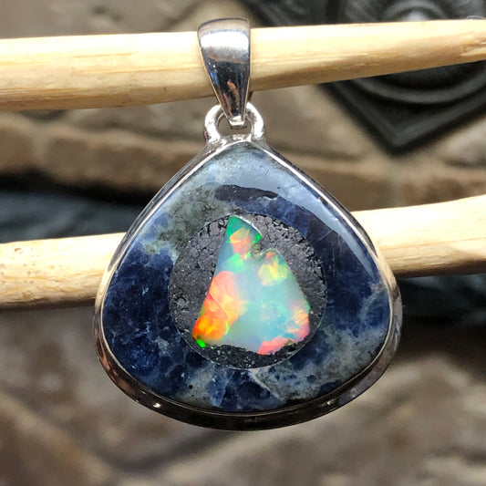 Genuine Ethiopian Opal in Sodalite 925 Solid Sterling Silver Pendant 30mm - Natural Rocks by Kala