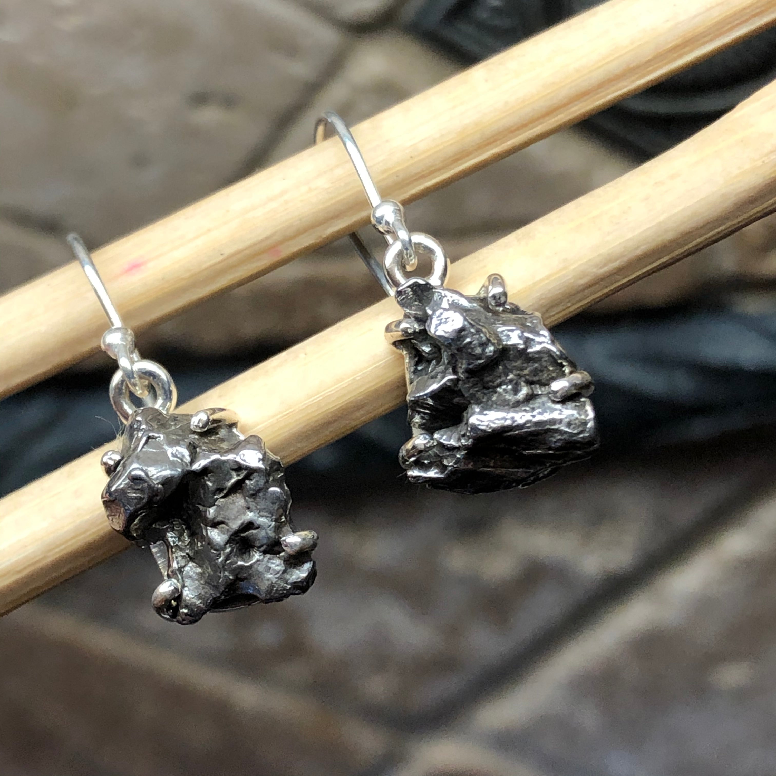 Natural Meteorite Campo Del Cielo 925 Solid Sterling Silver Earrings 25mm - Natural Rocks by Kala