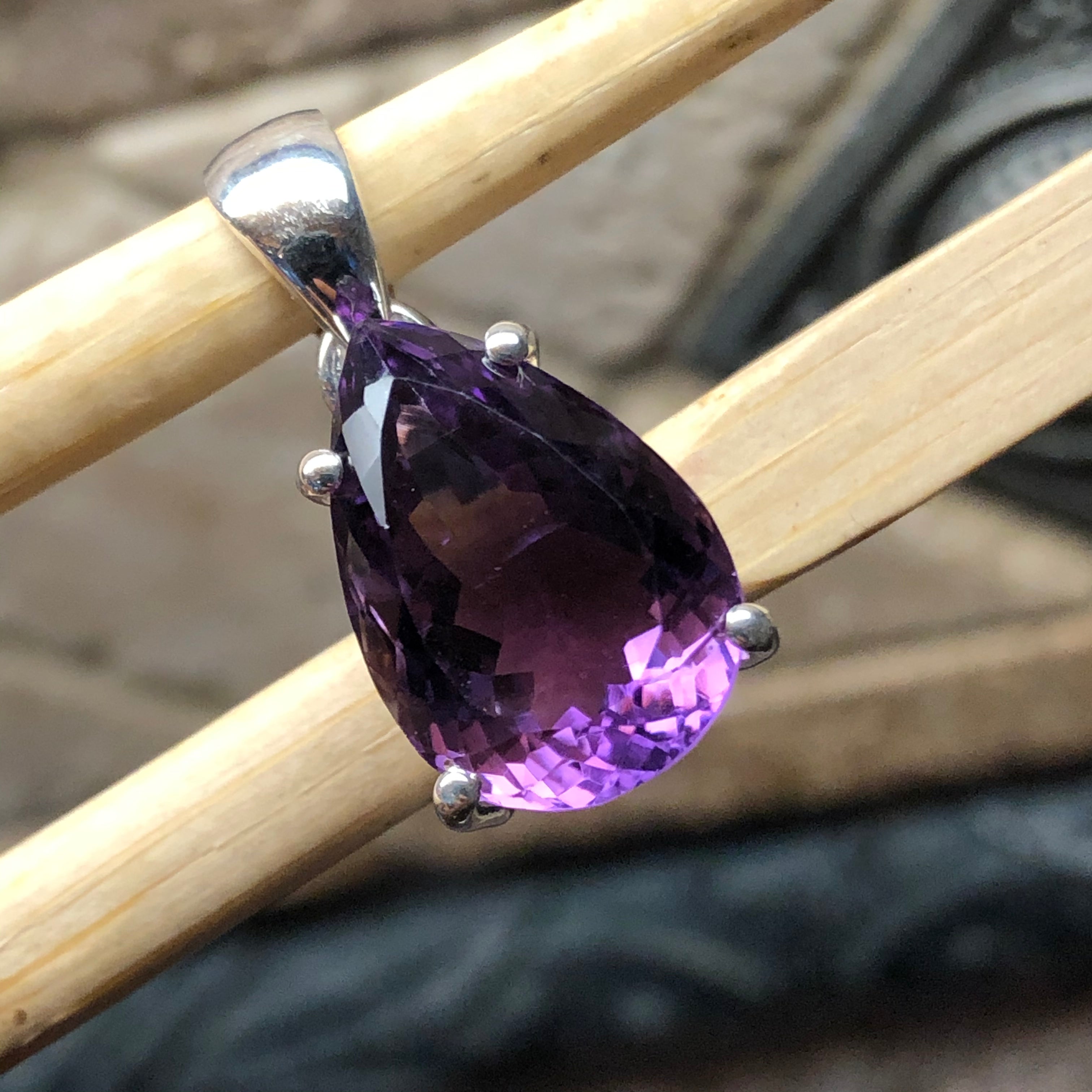 Natural 8ct Purple Amethyst 925 Solid Sterling Silver Pendant 25mm - Natural Rocks by Kala