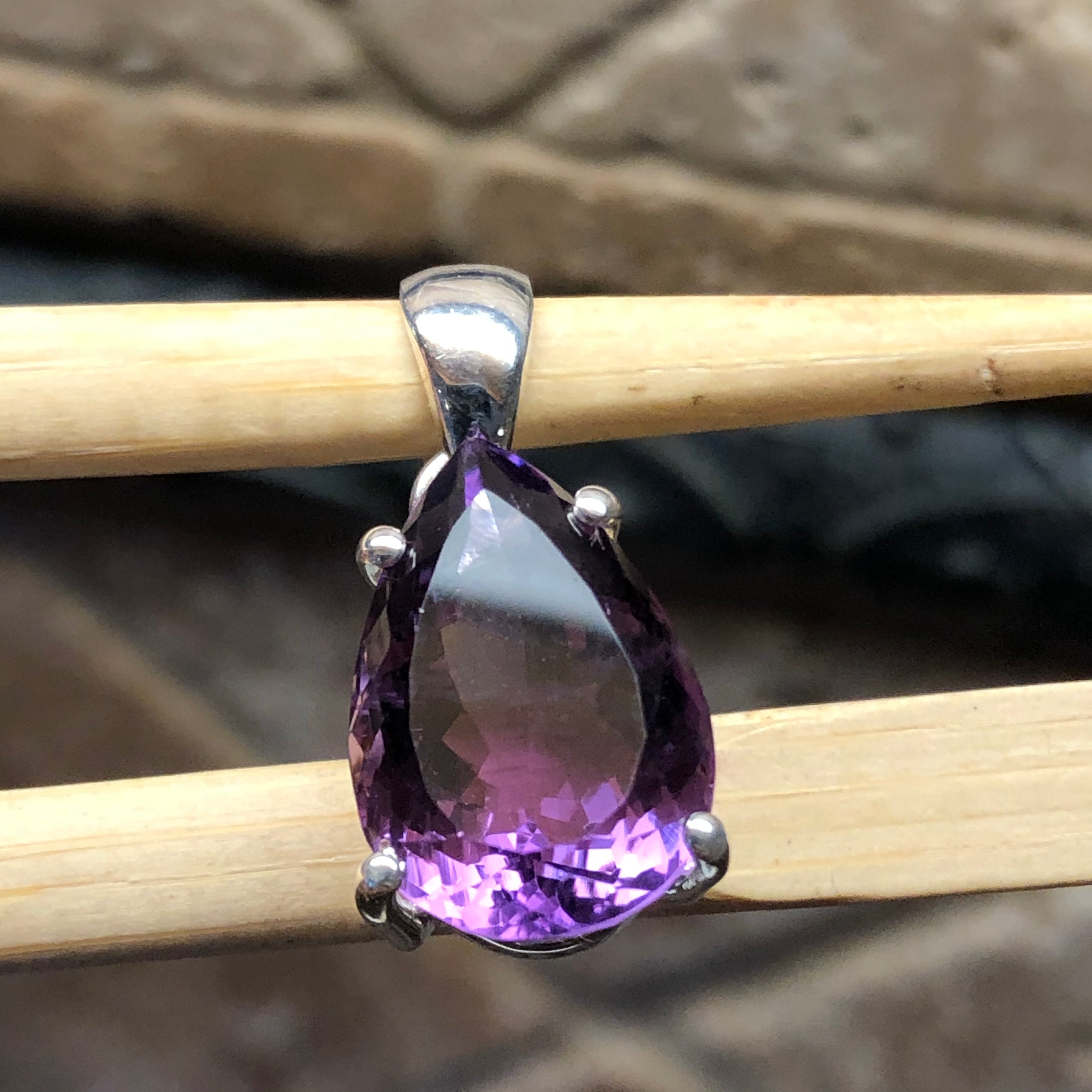 Natural 8ct Purple Amethyst 925 Solid Sterling Silver Pendant 25mm - Natural Rocks by Kala