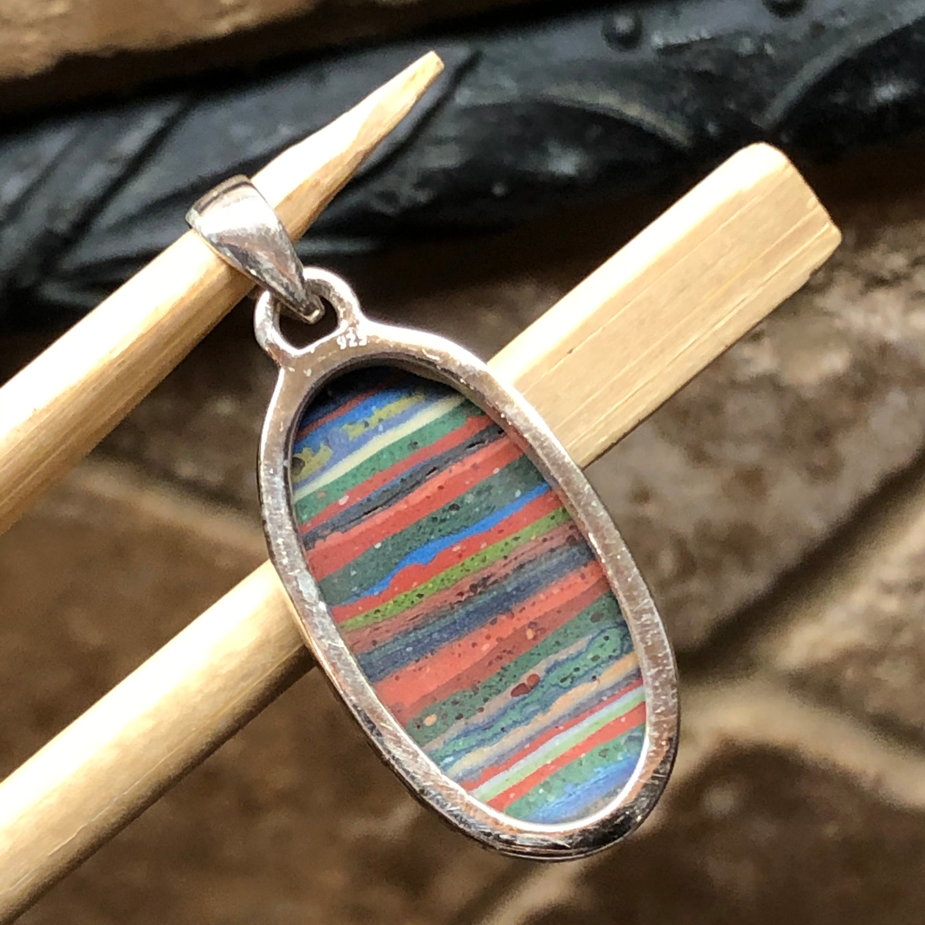 Rainbow Calsilica 925 Solid Sterling Silver Pendant 40mm - Natural Rocks by Kala