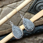 Natural Black Coral fossil, Agatized Coral 925 Solid Sterling Silver Earrings 35mm - Natural Rocks by Kala