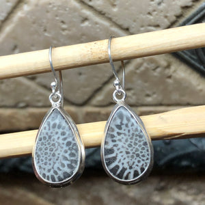 Natural Black Coral fossil, Agatized Coral 925 Solid Sterling Silver Earrings 35mm - Natural Rocks by Kala