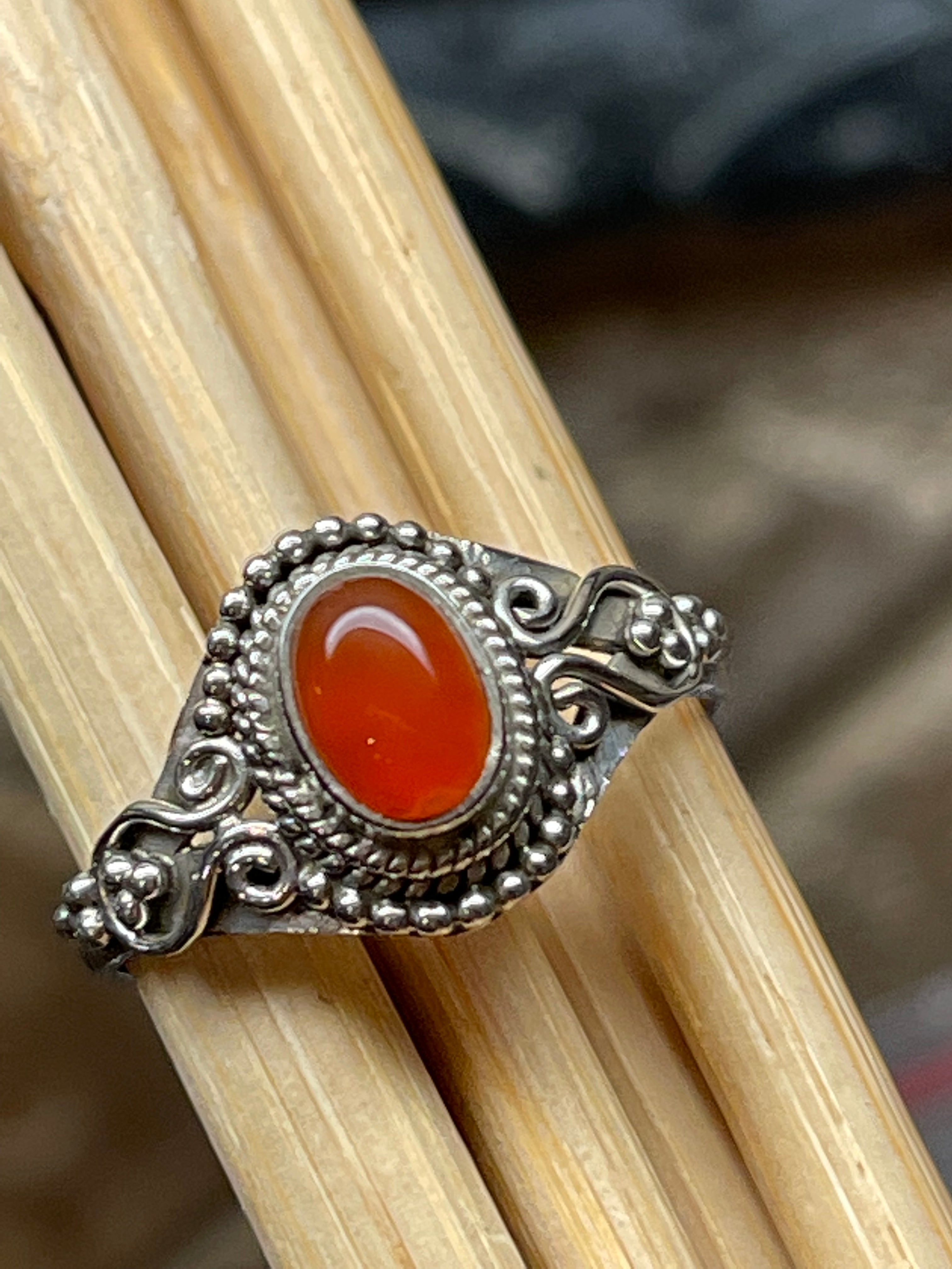 Genuine Carnelian 925 Solid Sterling Silver Engagement Ring Size 6.5, 7, 7.5, 8, 8.25, 9, 9.5 - Natural Rocks by Kala