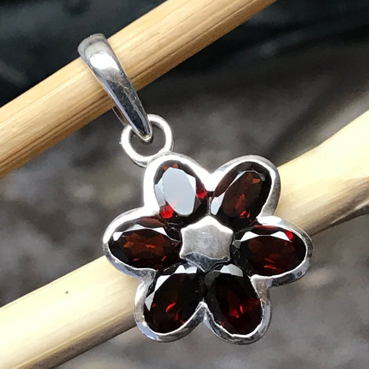 Genuine 4ct Pyrope Garnet 925 Solid Sterling Silver Flower Pendant 28mm - Natural Rocks by Kala