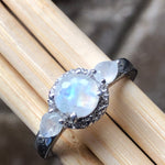 Genuine Rainbow Moonstone, White Diamond 925 Sterling Silver Engagement Ring Size 5, 6, 7, 8, 9 - Natural Rocks by Kala