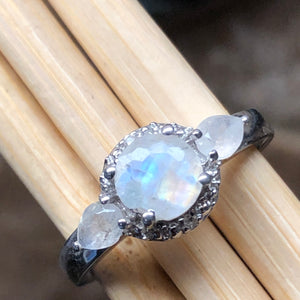 Genuine Rainbow Moonstone, White Diamond 925 Sterling Silver Engagement Ring Size 5, 6, 7, 8, 9 - Natural Rocks by Kala