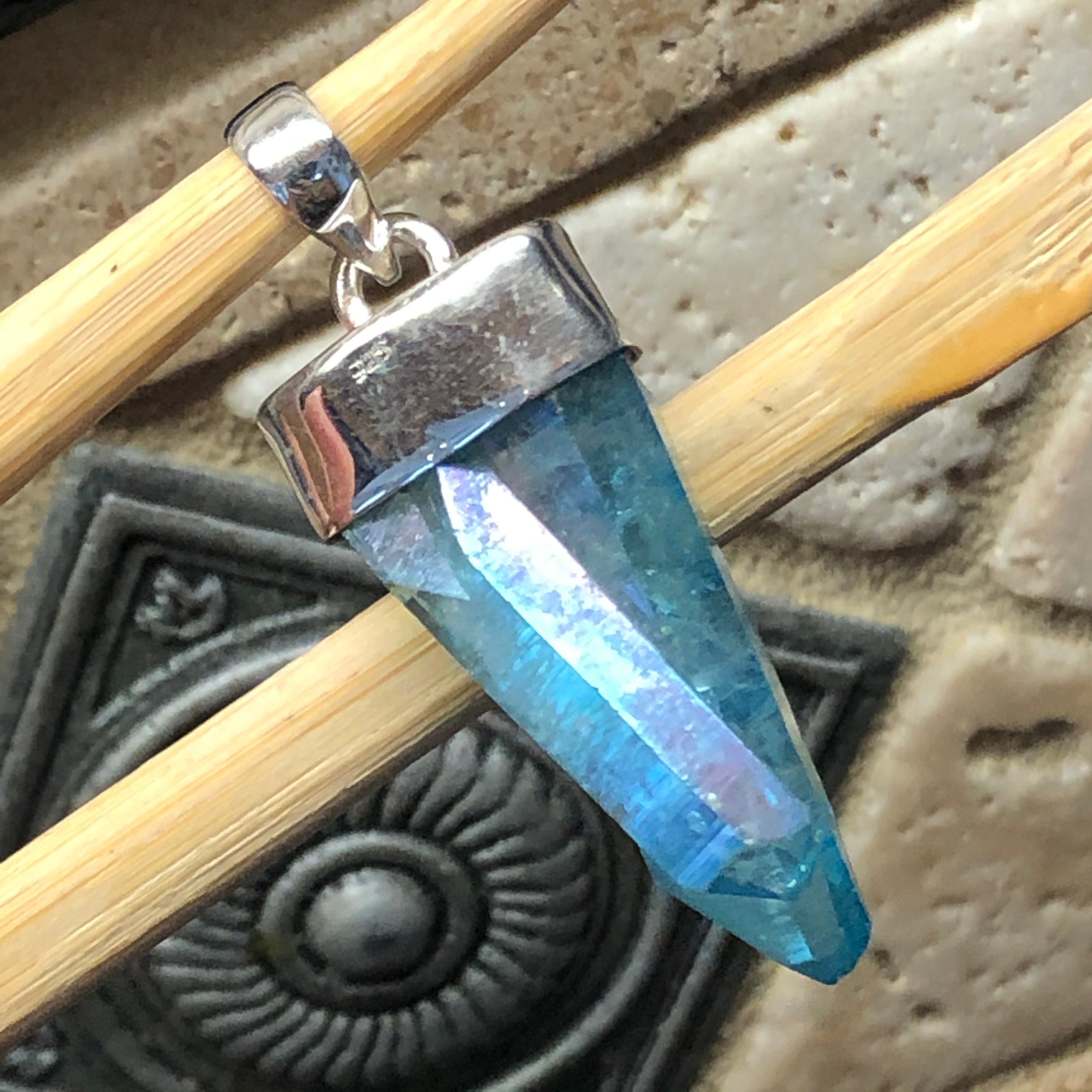 Natural Aqua Aura Quartz 925 Sterling Silver Stunning Cluster Men's Pendant 35mm - Natural Rocks by Kala