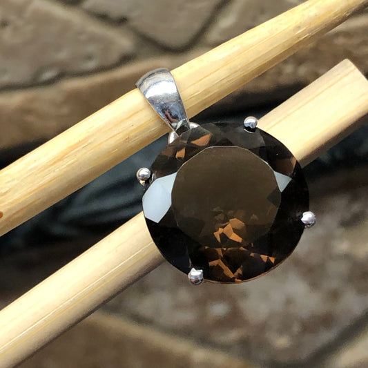 Genuine 12ct Smoky Topaz 925 Solid Sterling Silver Pendant 25mm - Natural Rocks by Kala