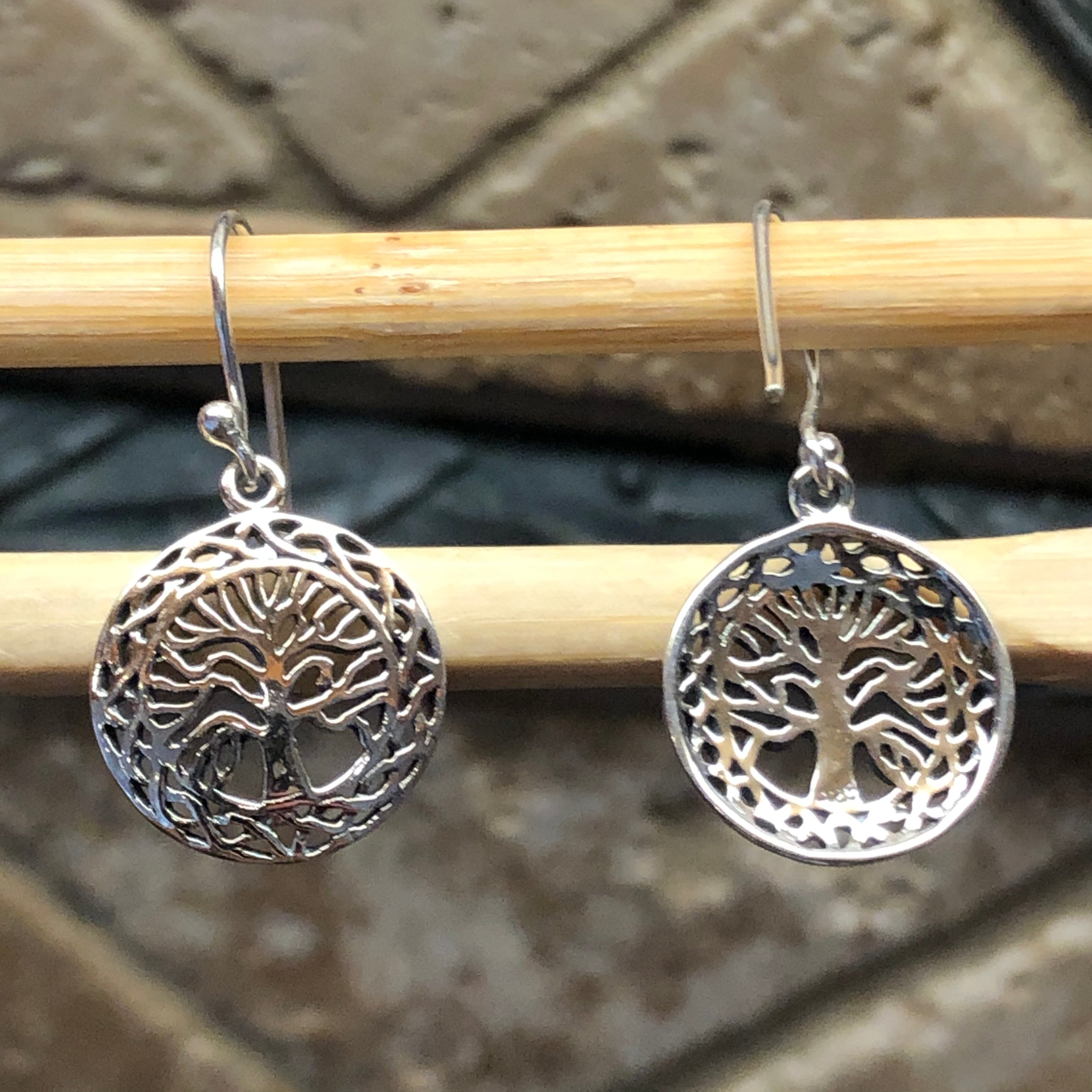 Tree of Life 925 Solid Sterling Silver Earrings 25mm Long - Natural Rocks by Kala