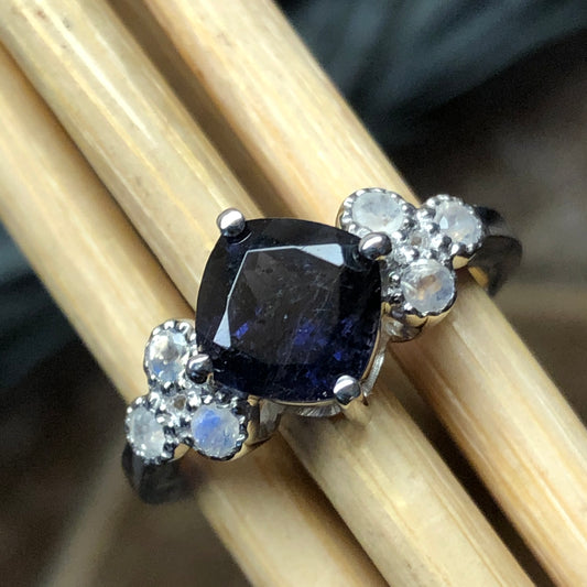 NaturaI Iolite, Rainbow Moonstone 925 Solid Sterling Silver Engagement Ring Size 6, 7, 8, 9 - Natural Rocks by Kala