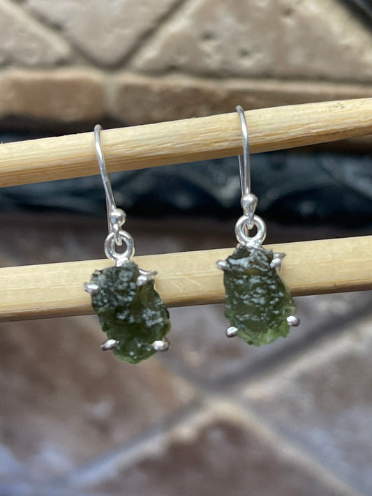 Natural Green Czech Republic Moldavite 925 Solid Sterling Silver Earrings 30mm - Natural Rocks by Kala