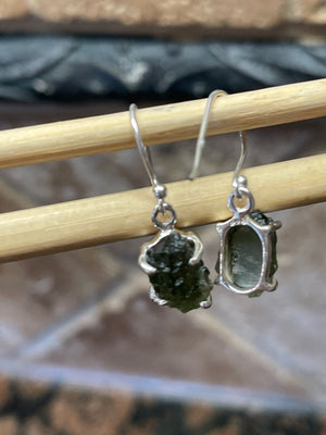 Natural Green Czech Republic Moldavite 925 Solid Sterling Silver Earrings 30mm - Natural Rocks by Kala