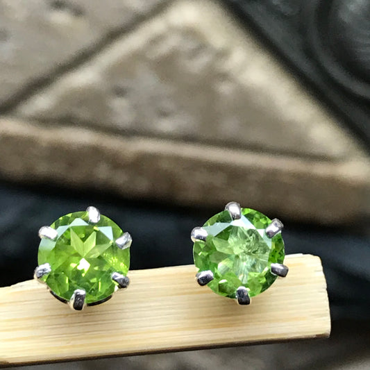 Natural 2ct Apple Green Peridot 925 Solid Sterling Silver Stud Earrings 7mm - Natural Rocks by Kala