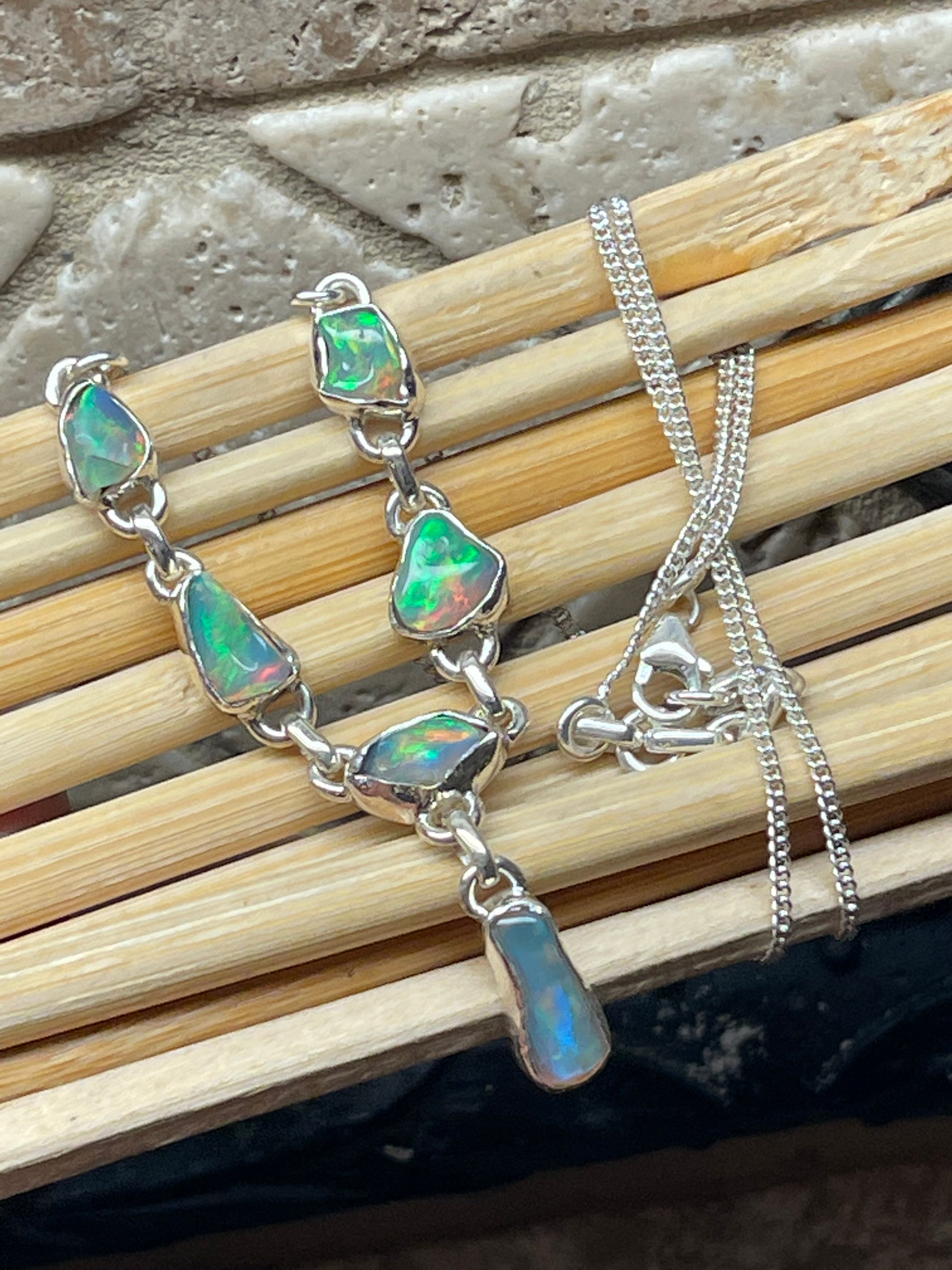 Genuine Ethiopian Opal 925 Solid Sterling Silver Necklace 18" - Natural Rocks by Kala