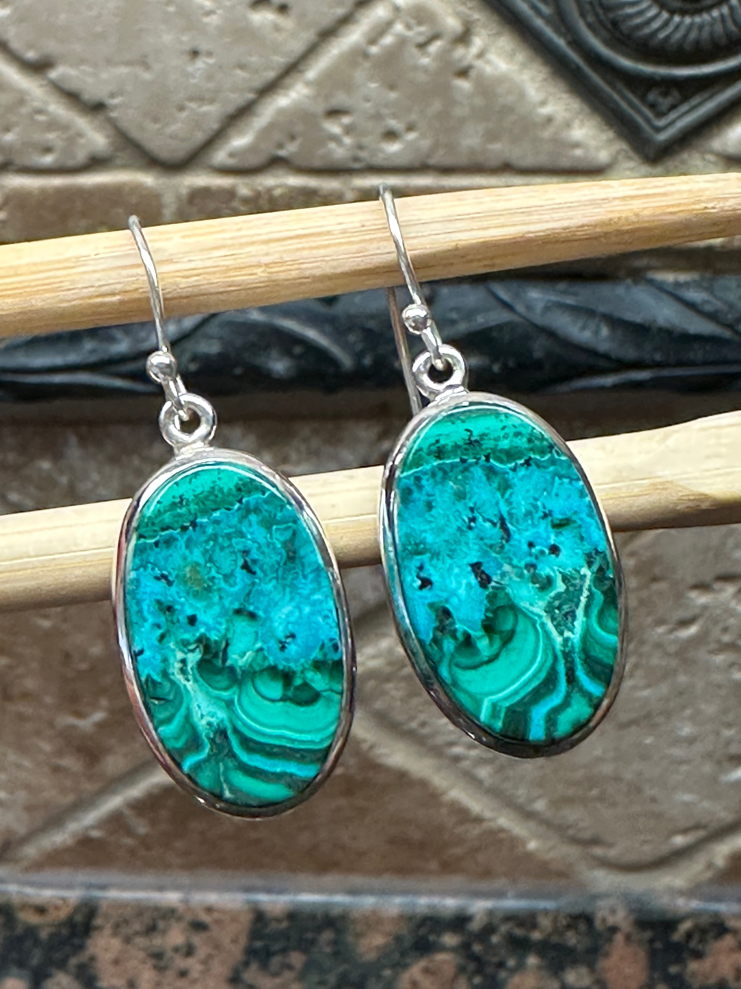 Natural Malachite in Chrysocolla 925 Solid Sterling Silver Earrings 40mm - Natural Rocks by Kala