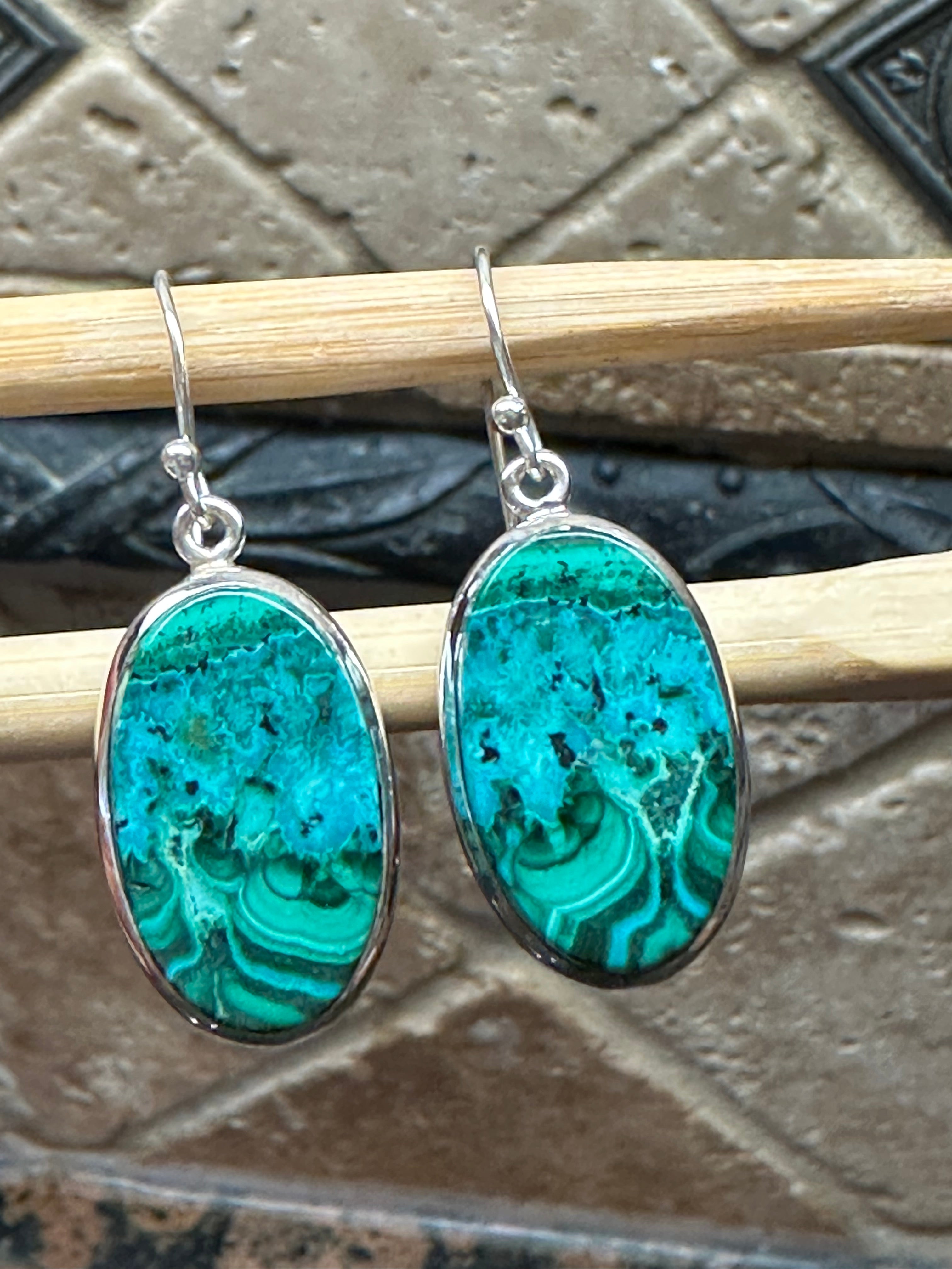 Natural Malachite in Chrysocolla 925 Solid Sterling Silver Earrings 40mm - Natural Rocks by Kala