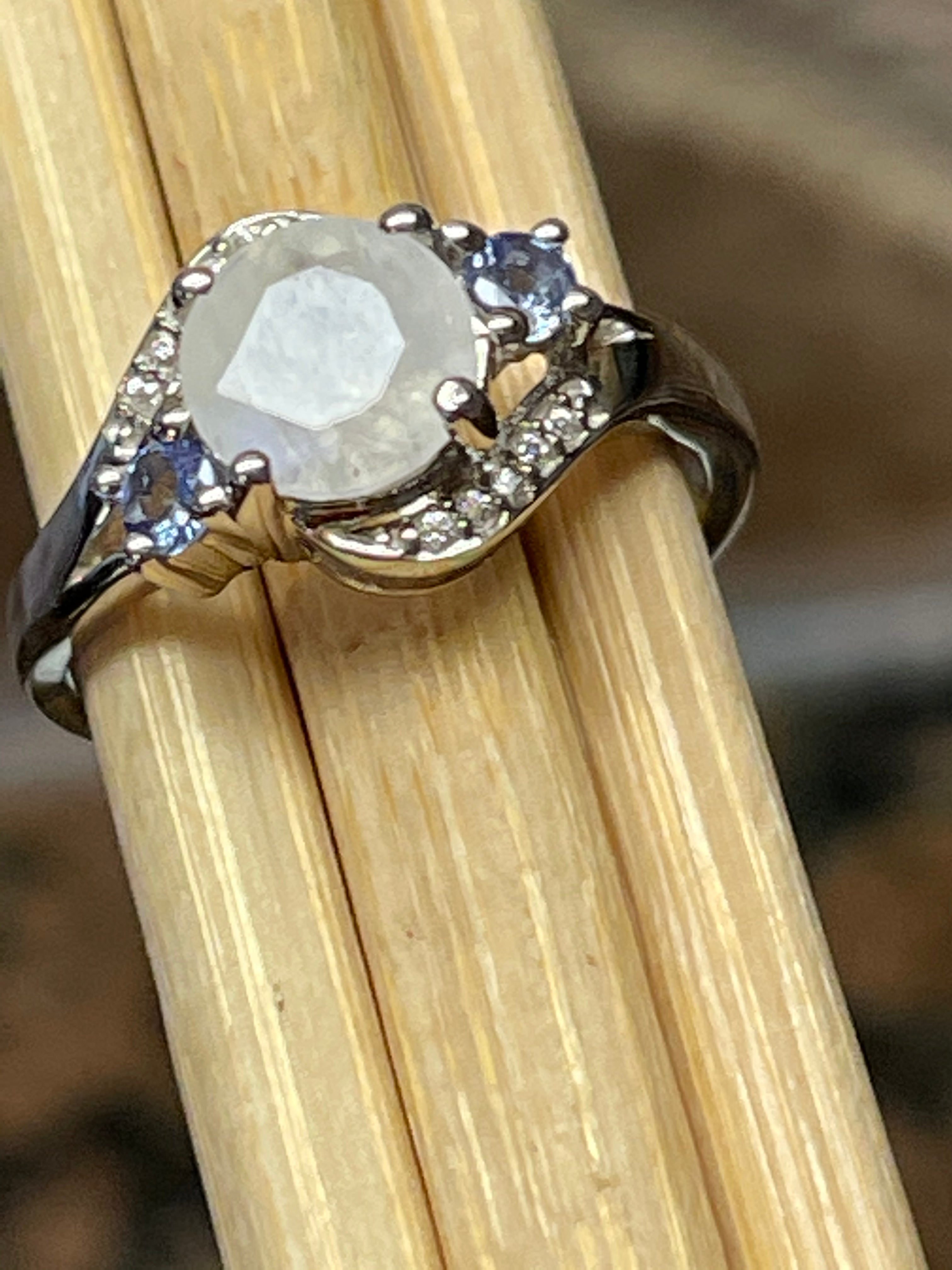 Genuine Rainbow Moonstone, Tanzanite 925 Solid Sterling Silver Engagement Ring Size 5, 6, 7, 8, 9 - Natural Rocks by Kala