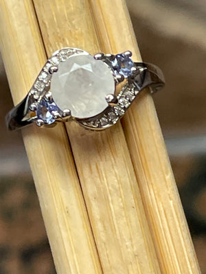 Genuine Rainbow Moonstone, Tanzanite 925 Solid Sterling Silver Engagement Ring Size 5, 6, 7, 8, 9 - Natural Rocks by Kala