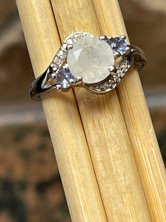 Genuine Rainbow Moonstone, Tanzanite 925 Solid Sterling Silver Engagement Ring Size 5, 6, 7, 8, 9 - Natural Rocks by Kala