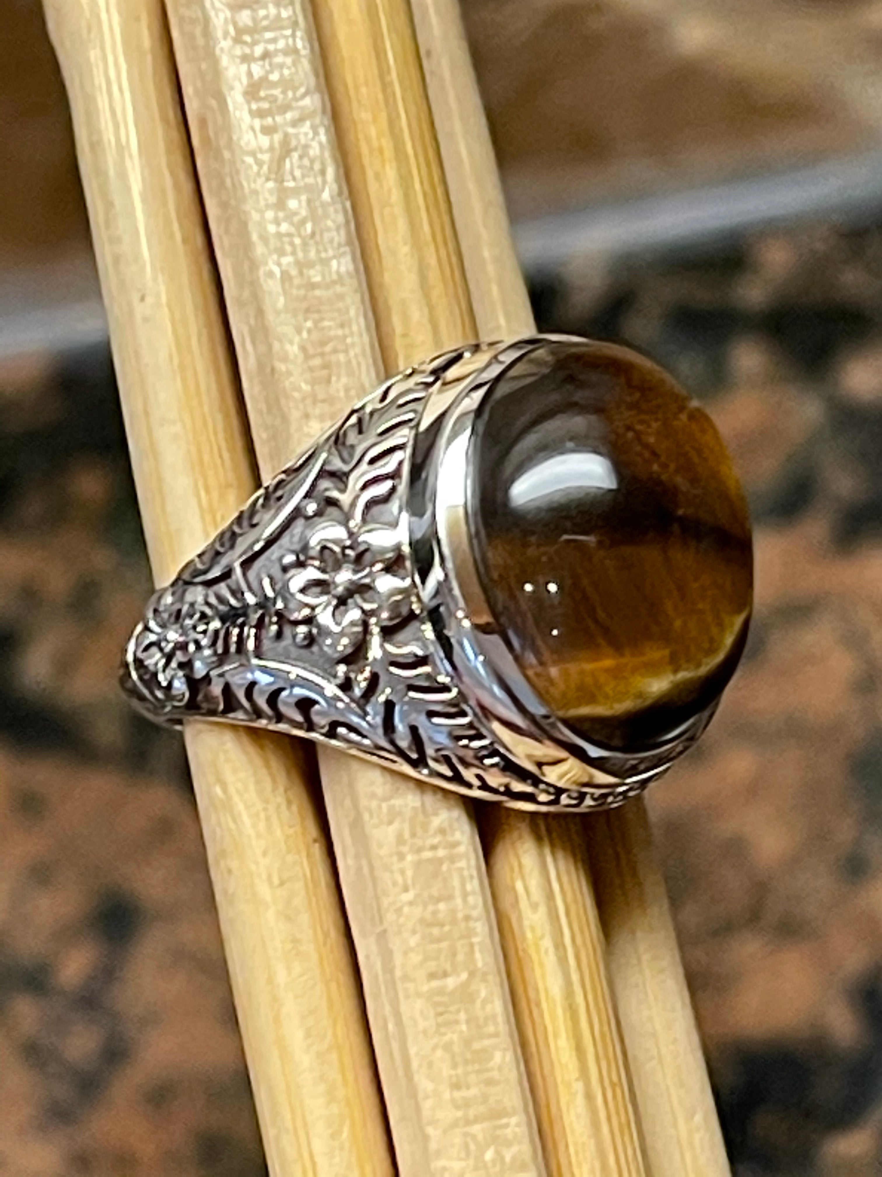 Natural Tiger's Eye 925 Solid Sterling Silver Men's Ring Size 7, 8, 9, 10, 12 - Natural Rocks by Kala