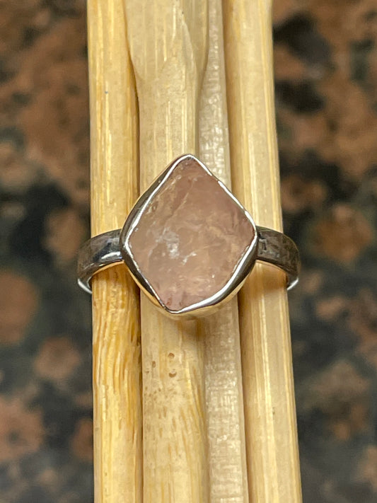 Natural Raw Pink Rose Quartz 925 Soild Sterling Silver Ring Size 9 - Natural Rocks by Kala
