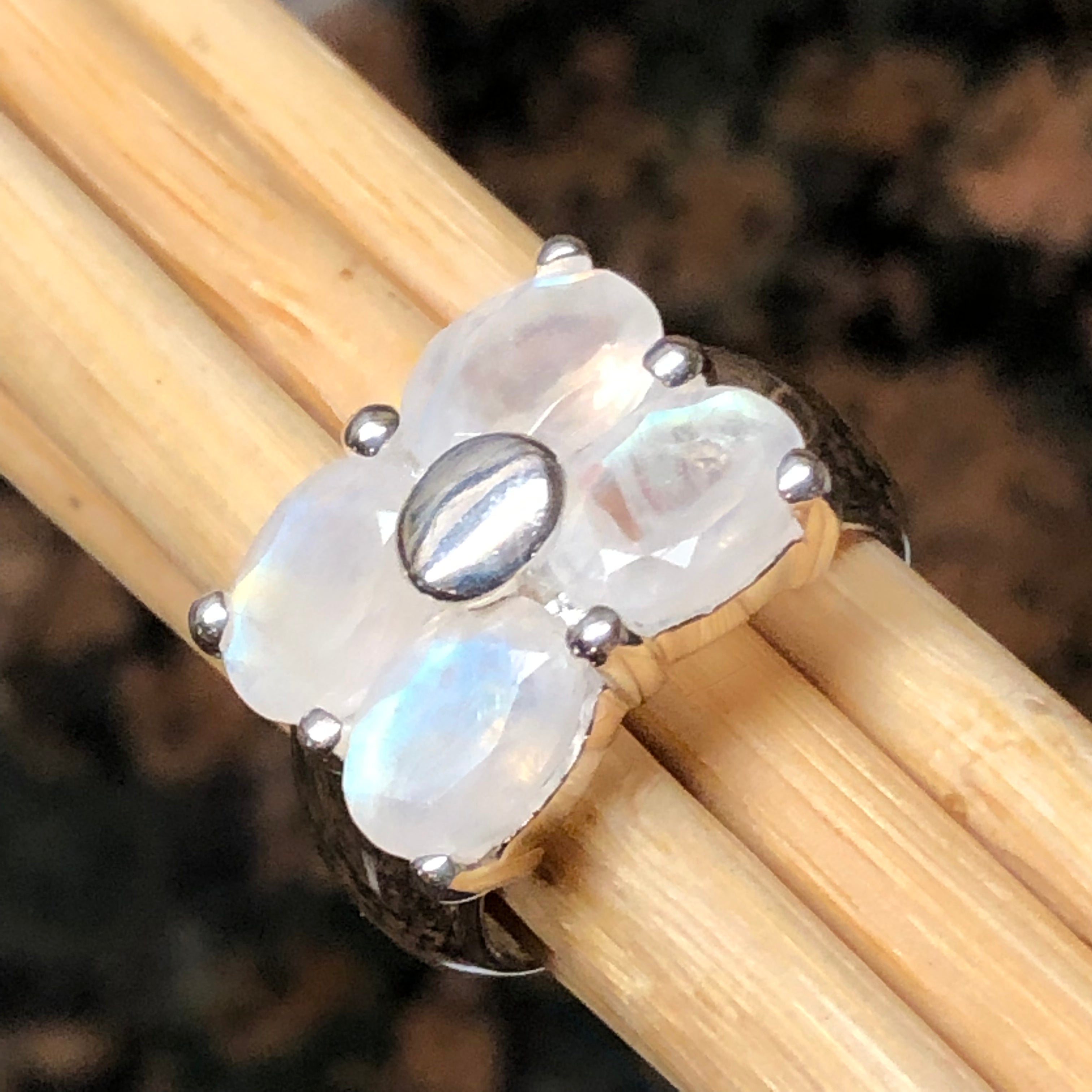 Genuine Rainbow Moonstone 925 Solid Sterling Silver Wedding Ring Size 6, 7, 8, 9 - Natural Rocks by Kala