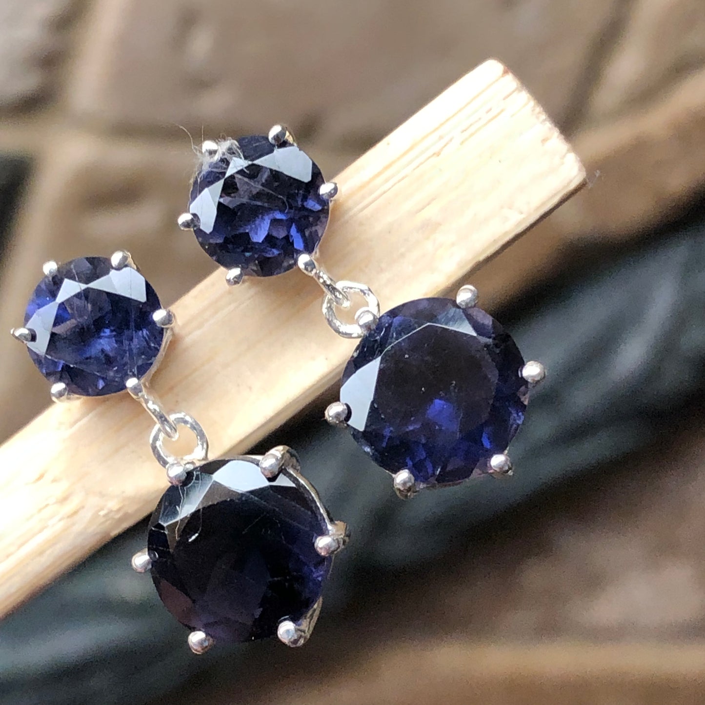 Natural 2.5ct Iolite 925 Solid Sterling Silver Earrings 18mm - Natural Rocks by Kala